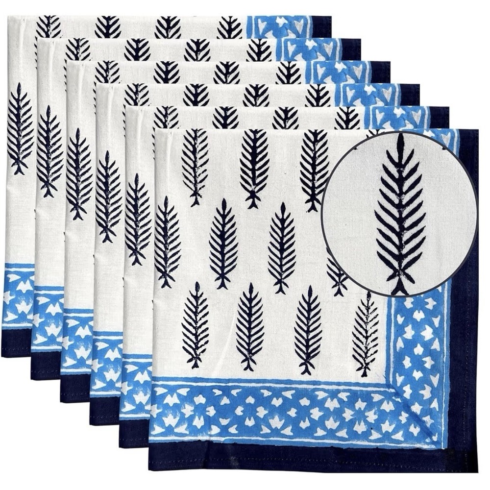 Indian Decor  Hand Block Cloth Napkins Set Of 6 -Elega Cotton Blue 20x20 "
